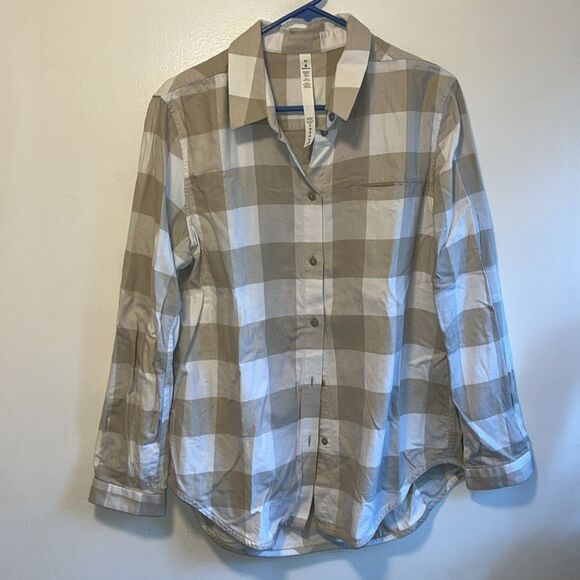 LULULEMON FULL DAY AHEAD REVIVE PLAID MOJAVE TAN NIMBUS SHIRT SIZE 10 - Picture 3 of 5